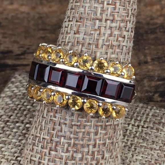 Vintage Garnet & Citrine Gemstone Silver Ring 9 - Picture 2 of 14
